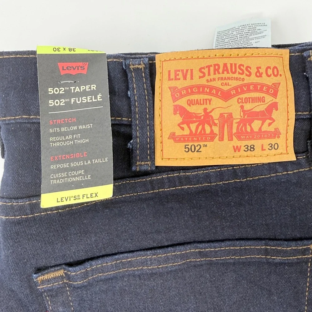 Levis 502 Taper Mens Jeans 38x30 Dark Indigo WaterLess Stretch NEW